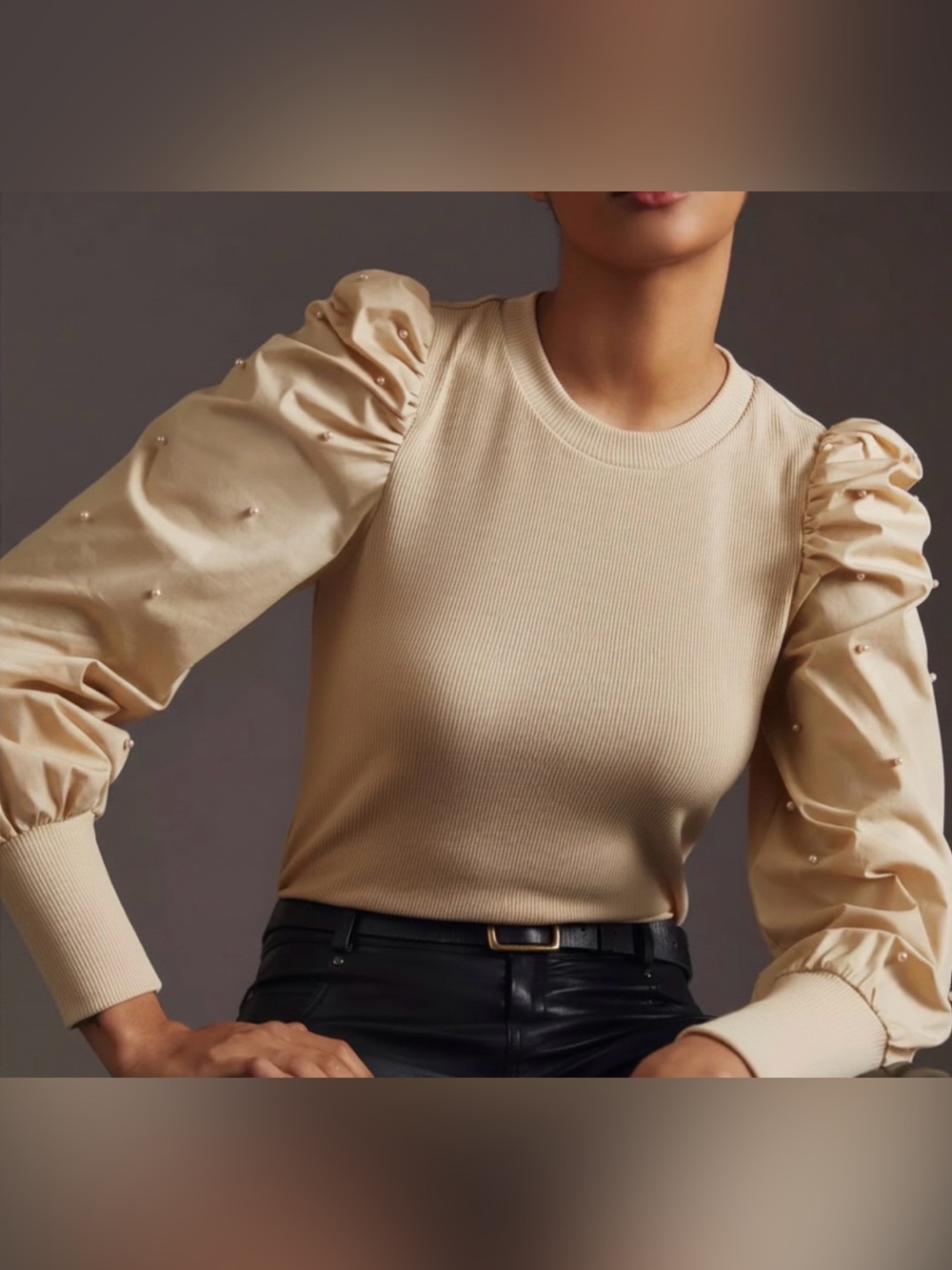 Dolan Left Coast by Anthropologie Cream Ribbed Pearl Sleeve Top‎ XS